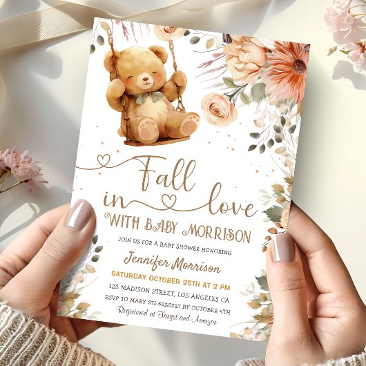 Invitation Chute en amour Baby shower Teddy Bear Automne Auto