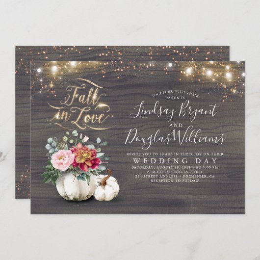 Invitation Chute en Amour Blanc Citrouille Rustique Mariage d (Devant / Derrière)