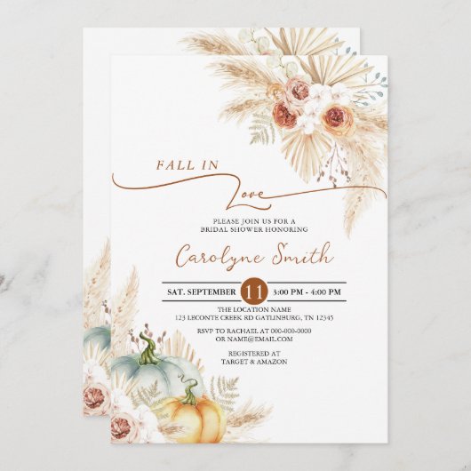 Invitation Chute en amour Boho Pampas Fête des mariées en her (Devant / Derrière)