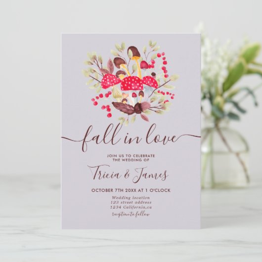 Invitation Chute en amour champignons mariage photo rustique (Debout devant)