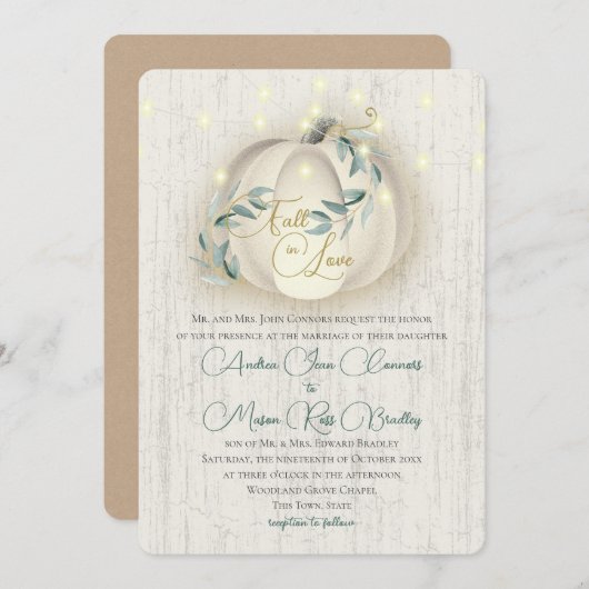 Invitation Chute en amour Citrouille blanc et lumières Mariag (Devant / Derrière)