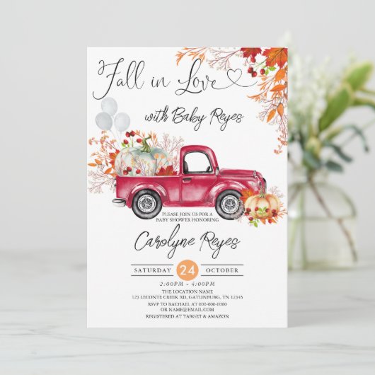Invitation Chute en amour Citrouille rouge Pickup Baby shower (Debout devant)