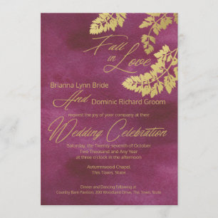Invitation Chute en Amour Cranberry et Gold Feuille Mariage