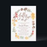 Invitation Chute en amour Fête des mariées d'automne<br><div class="desc">Invitation nuptiale d'automne moderne encadrée par notre couronne d'aquarelle peinte à la main avec un thème automnal. Texte dit "Fall in Love" dans la chic machine lettrée type brosse script typographie. Ceci est livré avec un design motif assorti sur le dos pour une touche spéciale supplémentaire.</div>