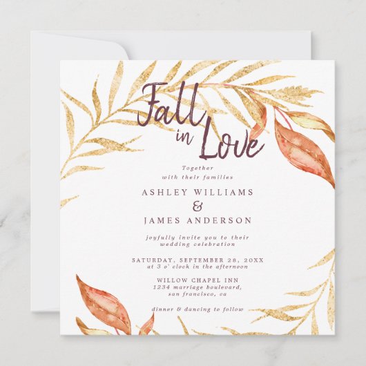 Invitation Chute en amour Feuillage doré Automne Mariage en c (Devant)