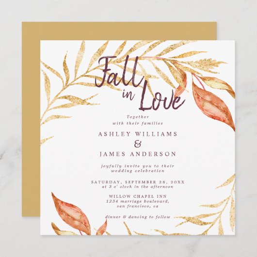 Invitation Chute en amour Feuillage doré Automne Mariage jaun (Devant / Derrière)