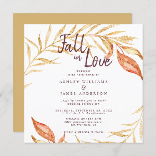 Invitation Chute en amour Feuillage doré Automne Mariage jaun