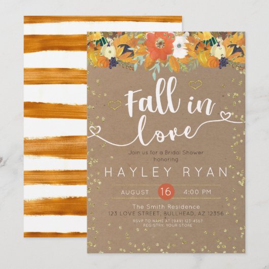 Invitation Chute en Amour Floral Feuille Citrouille douche nu (Devant / Derrière)