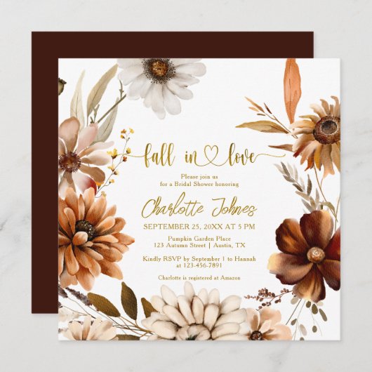 Invitation Chute En Amour Gold Foil Boho Fête des mariées Flo (Devant / Derrière)
