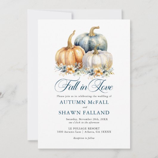 Invitation Chute en Amour Mariage Or Bleu Citrouille Automne (Devant)