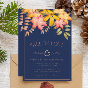 Invitation Chute en amour Marine Bleu Automne Feuilles Mariag