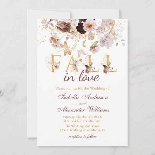 Invitation Chute en amour QR Code Peony & Gold Burgundy Maria (Devant)