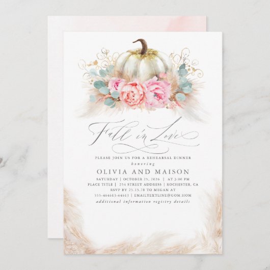 Invitation Chute en amour Répétition Dîner Citrouille Fleurs  (Devant / Derrière)