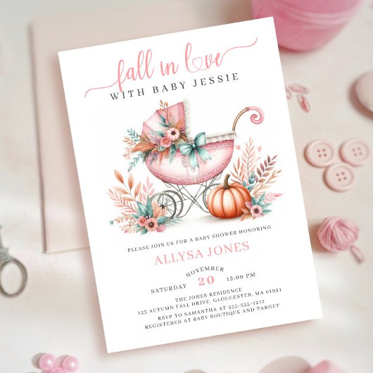 Invitation Chute En Amour Rose Automne Baby shower Floral