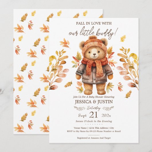 Invitation Chute en amour Teddy Bear Baby shower Feuille (Devant / Derrière)