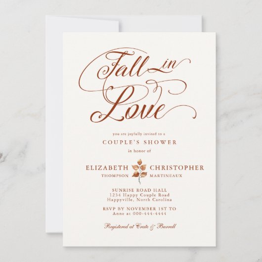 Invitation Chute en amour Terracotta Automne Feuille Couple D (Devant)