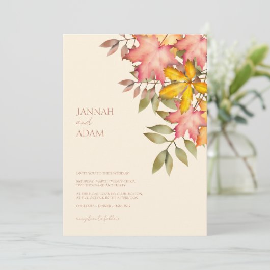 Invitation Chute en amour Terracotta Automne Feuilles Mariage (Debout devant)