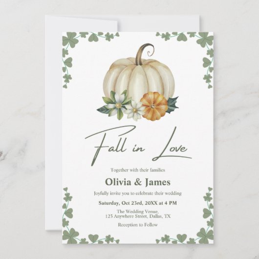Invitation Chute en Amour Vert Sage Vert Citrouille Mariage (Devant)