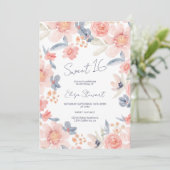 Invitation Chute floral boho rose bleu aquarelle Sweet 16 (Debout devant)