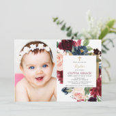 Invitation Chute floral bordeaux blush or fille baptisé photo (Debout devant)