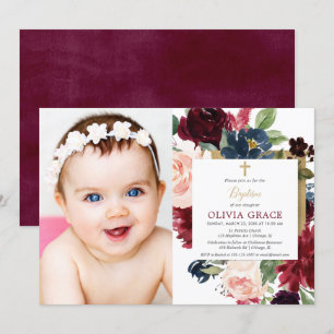 Invitation Chute floral bordeaux blush or fille baptisé photo