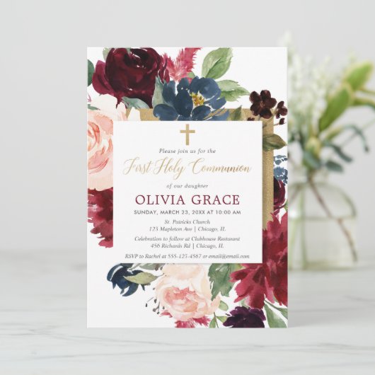 Invitation Chute floral bordeaux rousse blush or première com (Debout devant)