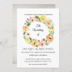 Invitation Chute Floral Jaune n Peach Roses w Folid Wreath