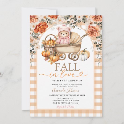 Invitation Chute Floral Rose fille En vichy Baby shower ours (Devant)