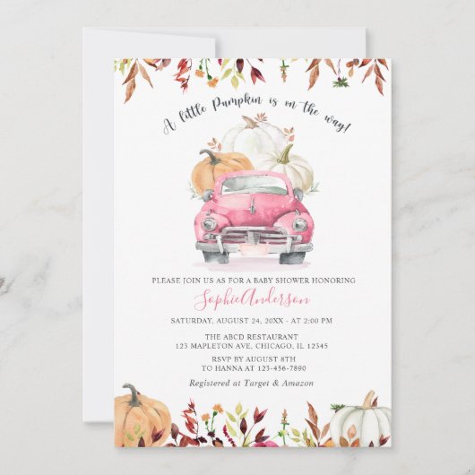 Invitation Chute Floral rose petit Citrouille Baby shower fil (Devant)