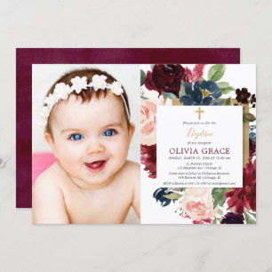 Invitation Chute florale bordeaux rousse dorée fille baptisée