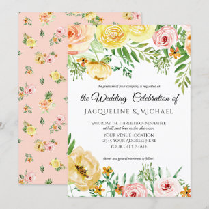 Invitation Chute Florale moderne avec Rose de Pêche Jaune Ble