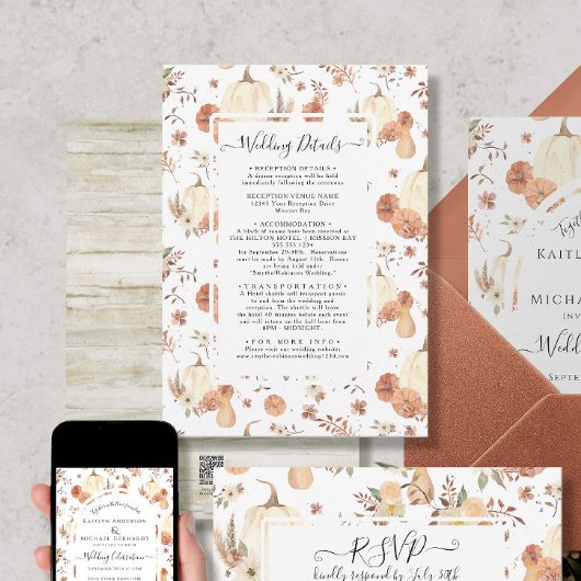 Invitation Chute Folio Citrouille Aquarelle Florale Détails