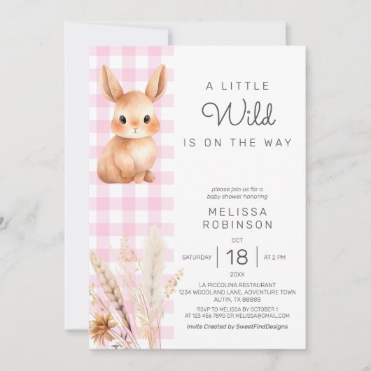 Invitation Chute Forêt Bunny Cub Pampas Baby Girl Douche (Devant)
