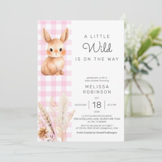 Invitation Chute Forêt Bunny Cub Pampas Baby Girl Douche (Debout devant)