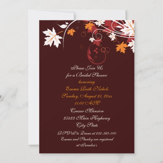 Invitation Chute laisse orange rouge blanc mariage douche nup (Devant)
