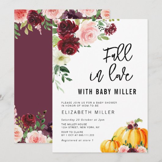 Invitation chute moderne amour roux baby shower bordeaux (Devant / Derrière)