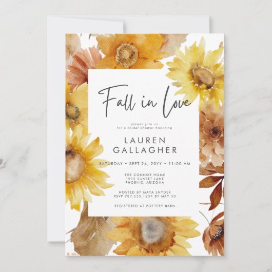 Invitation Chute moderne en amour tournesol Fête des mariées (Devant)