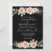 Invitation Chute Noir Bleu Aquarelle Florale Rose Mariage (Devant)