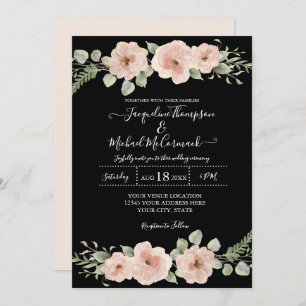 Invitation Chute Noir Bleu Aquarelle Florale Rose Mariage