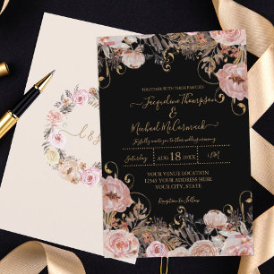 Invitation Chute noir bleu rose Aquarelle Floral Rose or
