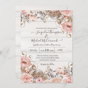 Invitation Chute Noir Blush Rose Aquarelle Florale Rose Or