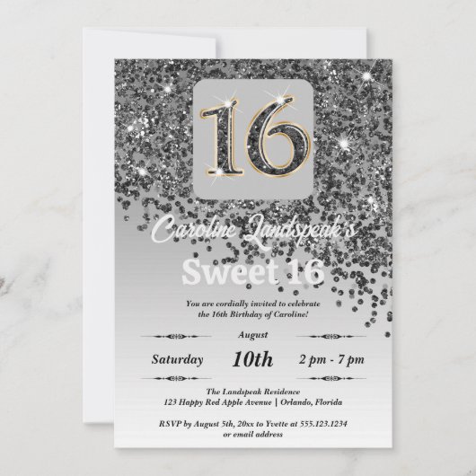 Invitation Chute Parties scintillant noire Douce 16 Anniversa (Devant)