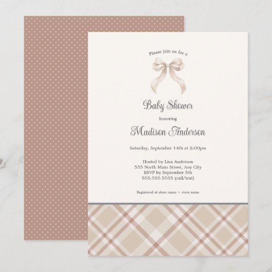 Invitation Chute Plaid Ribbon neutre baby shower genre (Devant / Derrière)