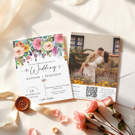 Invitation Chute romantique Flore Mariage Arc Photo QR Code