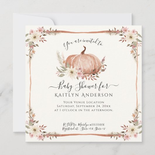 Invitation Chute rose Citrouille Baby shower de fleurs code Q (Devant)
