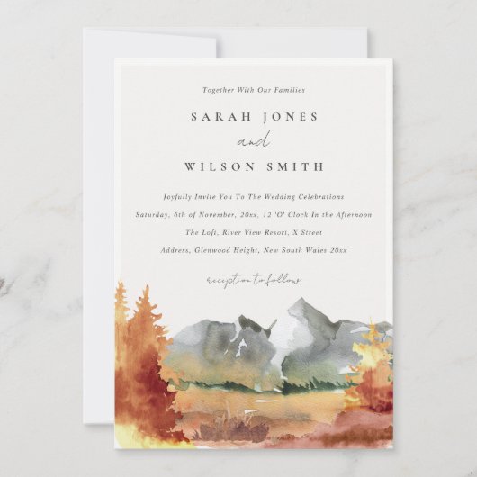 Invitation Chute Rouille Orange Mountain Trees Mariage de feu (Devant)