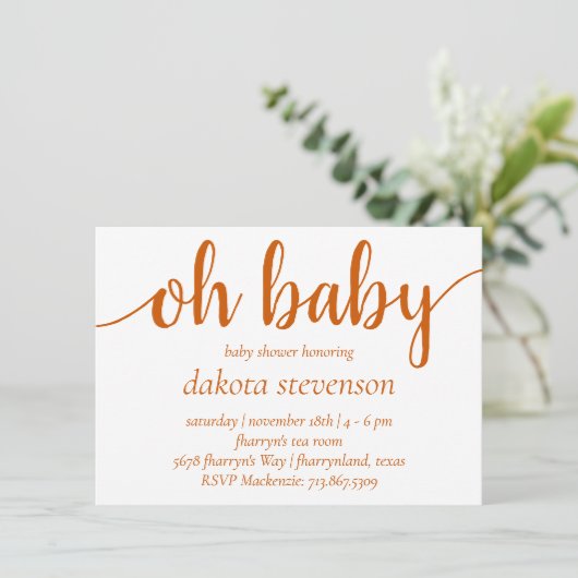 Invitation Chute simple Oh bébé | Brûlé Orange Script douche (Debout devant)