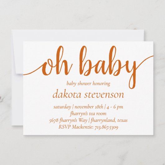 Invitation Chute simple Oh bébé | Brûlé Orange Script douche (Devant)