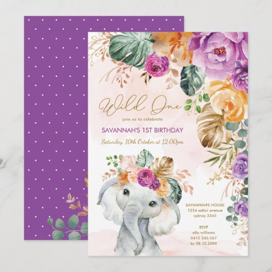 Invitation Chute tropicale Eléphant floral 1er anniversaire f (Devant / Derrière)