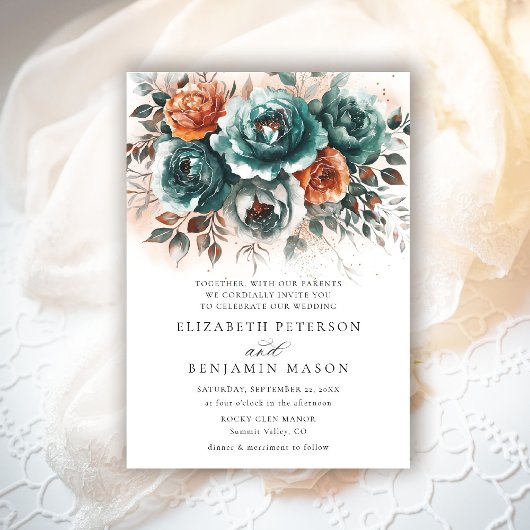 Invitation Chute Turquoise Burange Orange Floral Bouquet Mari